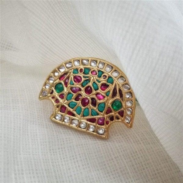 Big Gold Plated Silver ring with red kundan and turquoise stone-0